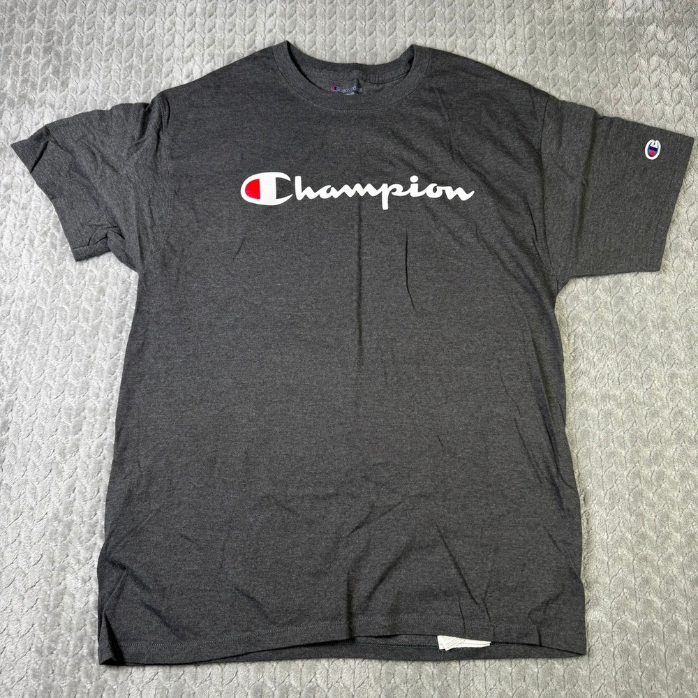 Champion Mens Script Logo T-Shirt Charcoal Heather Gray Short Sleeve Tee Large